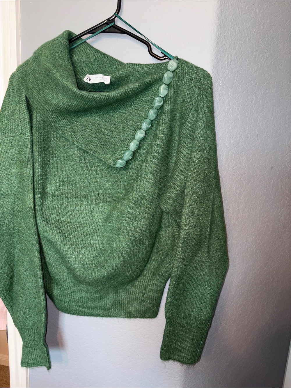 Zara Green Beaded Cowl-Neck Sweater